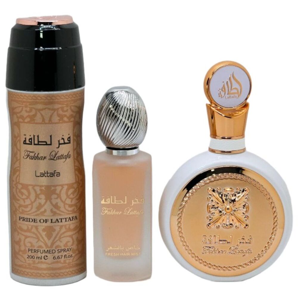 Lattafa Fakhar 3 Pcs Gift Set for Women (3.4 EDP+1.7 Hair Mist+6.7 Deo) - New